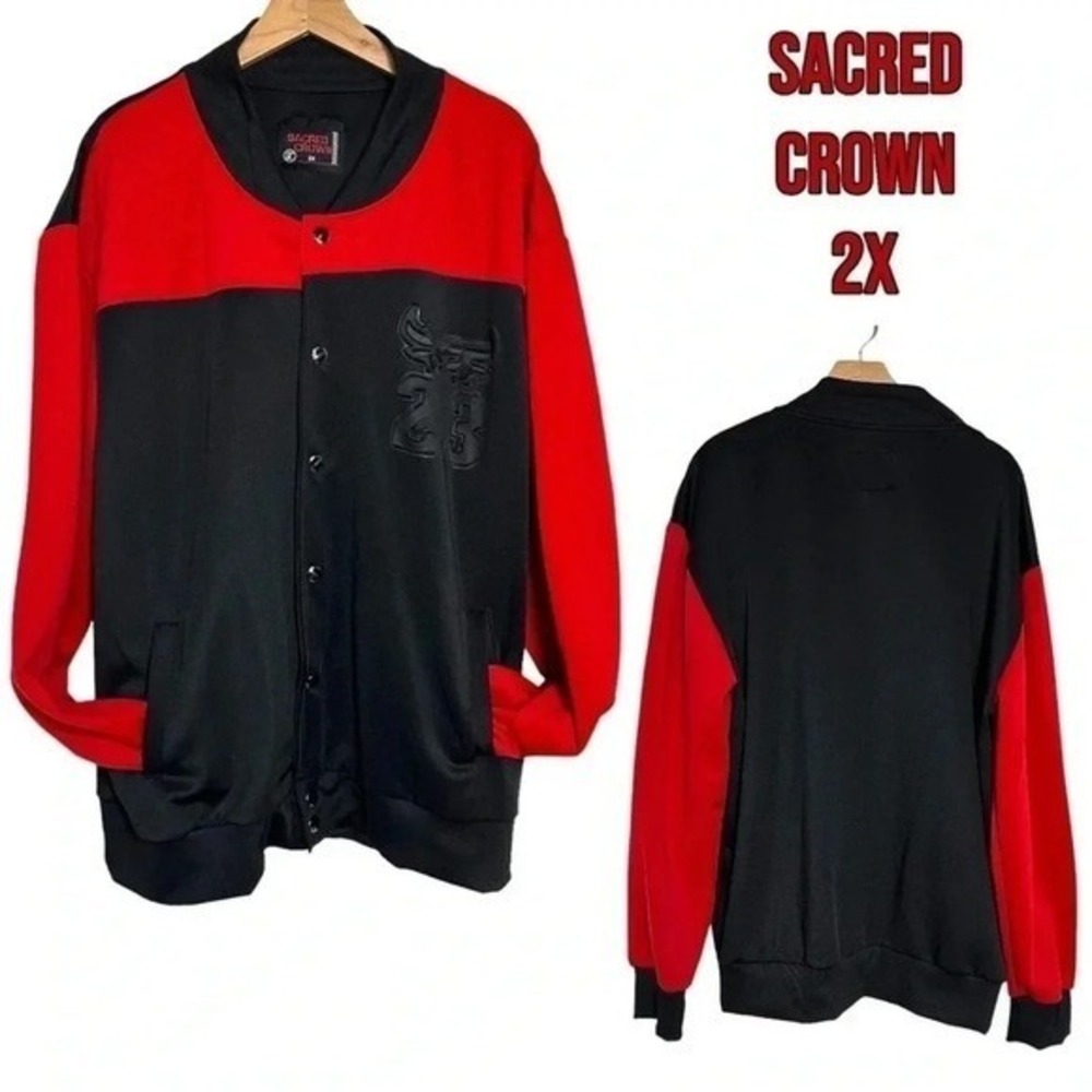 Sacred‎ Crown 2X Jacket Red Black Embroidered Bull Snap Front Casual Coat